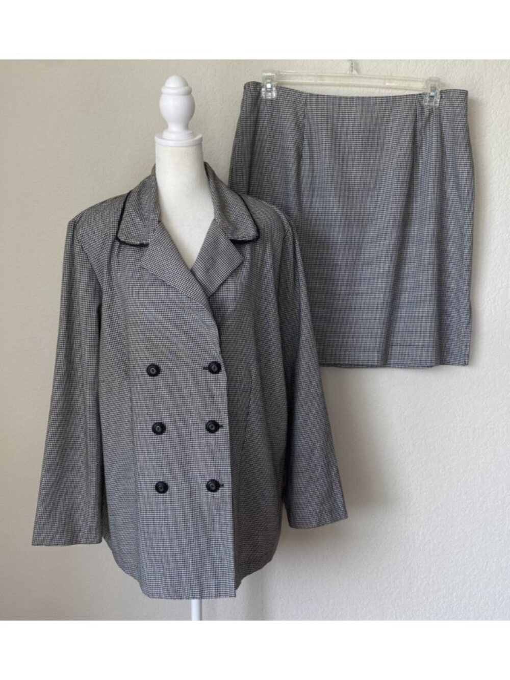 VTG Fashion Bug Black HERRINGBONE Tweed 2pc JACKET SKIRT Suit Set Womens 18 20